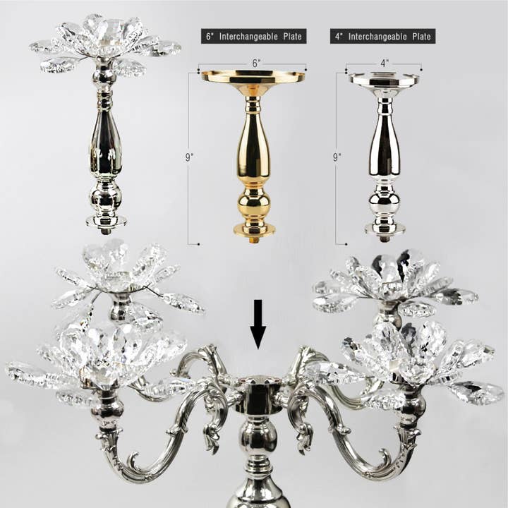 5 Arm Crystal Candelabra Metal Candle Holder, Silver for wholesale on Faire