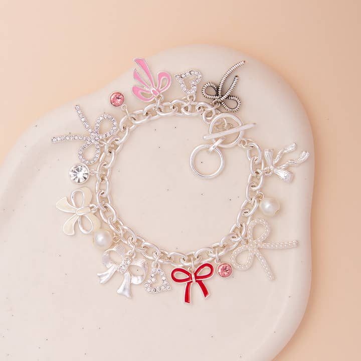 SP Sophia Collection - Wholesale Charm/Dangle Bracelet - Crystal Rhinestone & Pearl Embellished Bow Charm Bracelet1