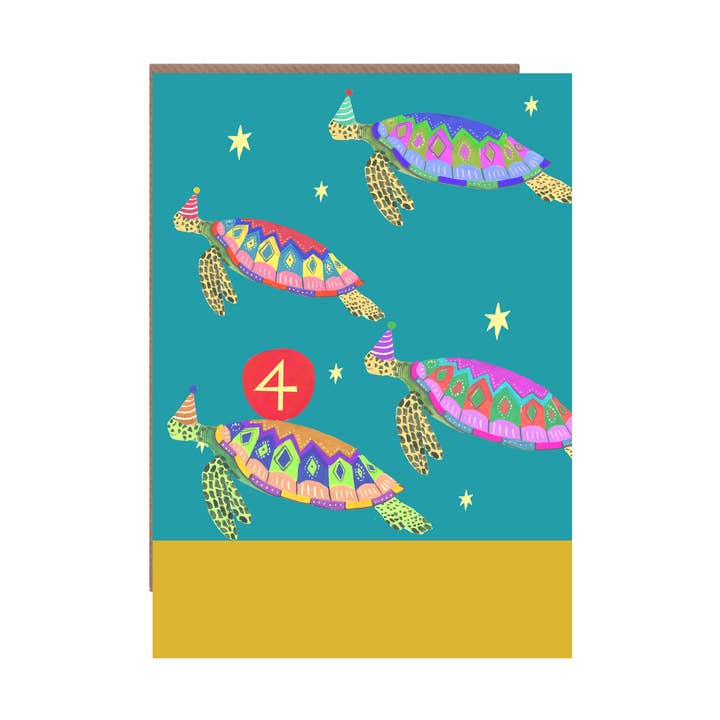 Age 4 'Party Turtles' Children's Birthday Greetings Card for wholesale by Hutch Cassidy (Greetings Cards and Paper Goods)