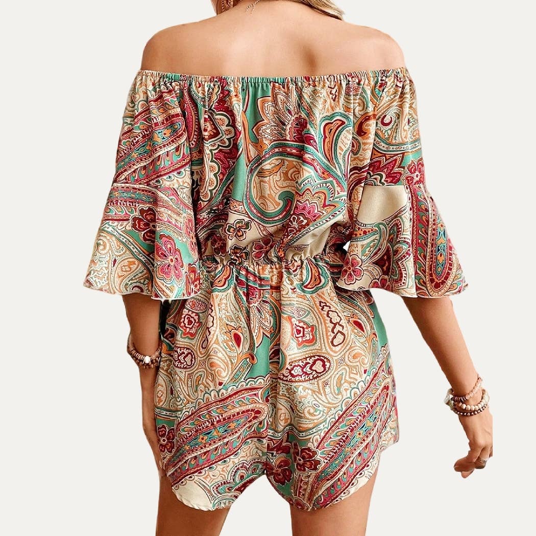 APRICOT YELLOW Bohemian Print Off-The-Shoulder Short Sleeve Summer Romper for wholesale on Faire7