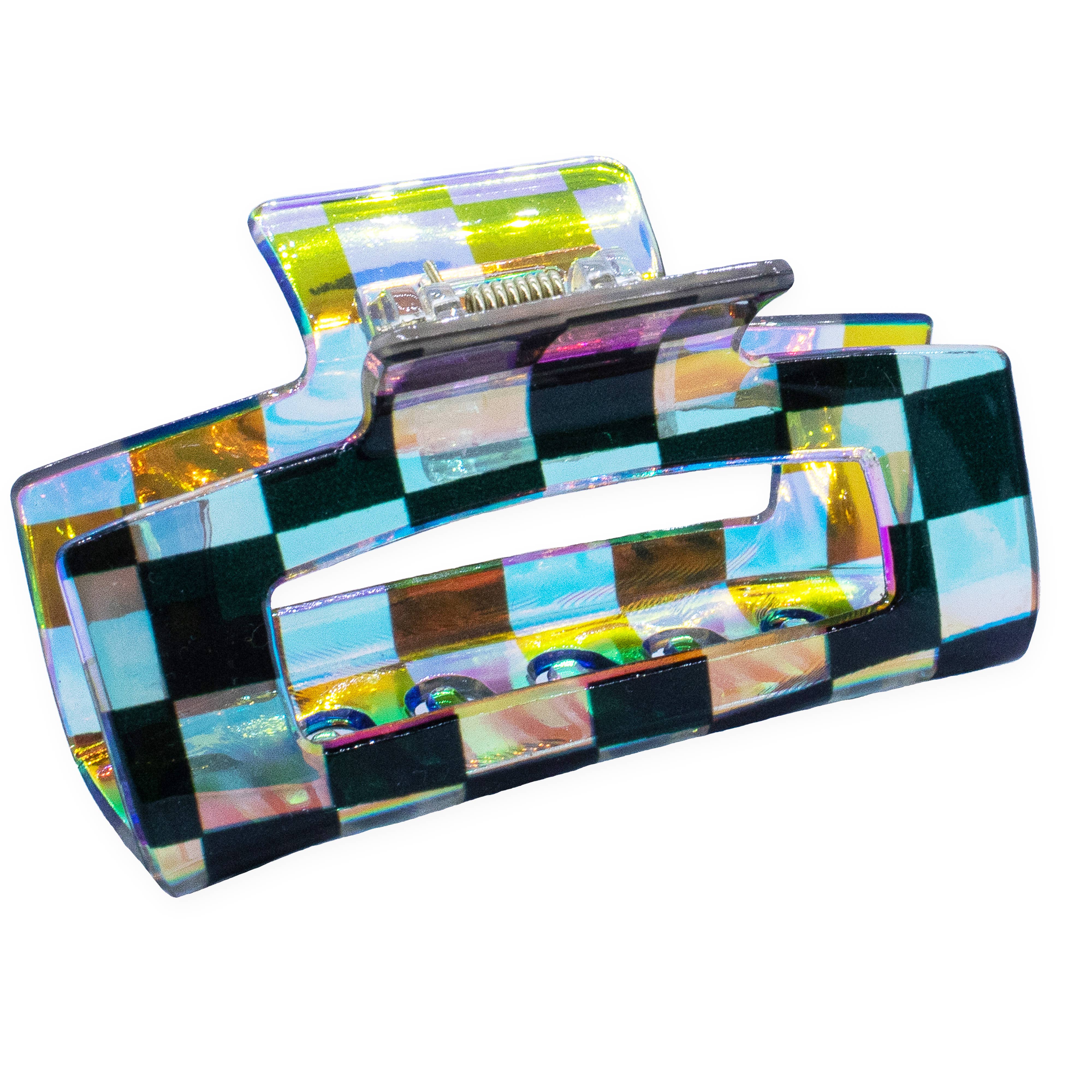 Frog Sac - Wholesale Hair Clip - Women's - Medium Square Iridescent Checkered Hair Claw Clip6