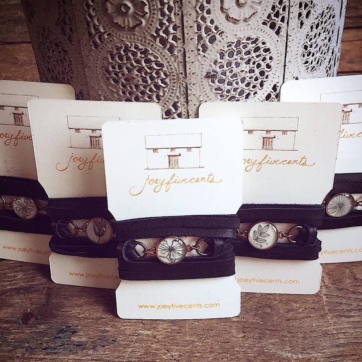 joeyfivecents - Wholesale Woven/Braided Bracelet - Leather Wrap Bracelet- b&w botanical, spring vibes, choker6