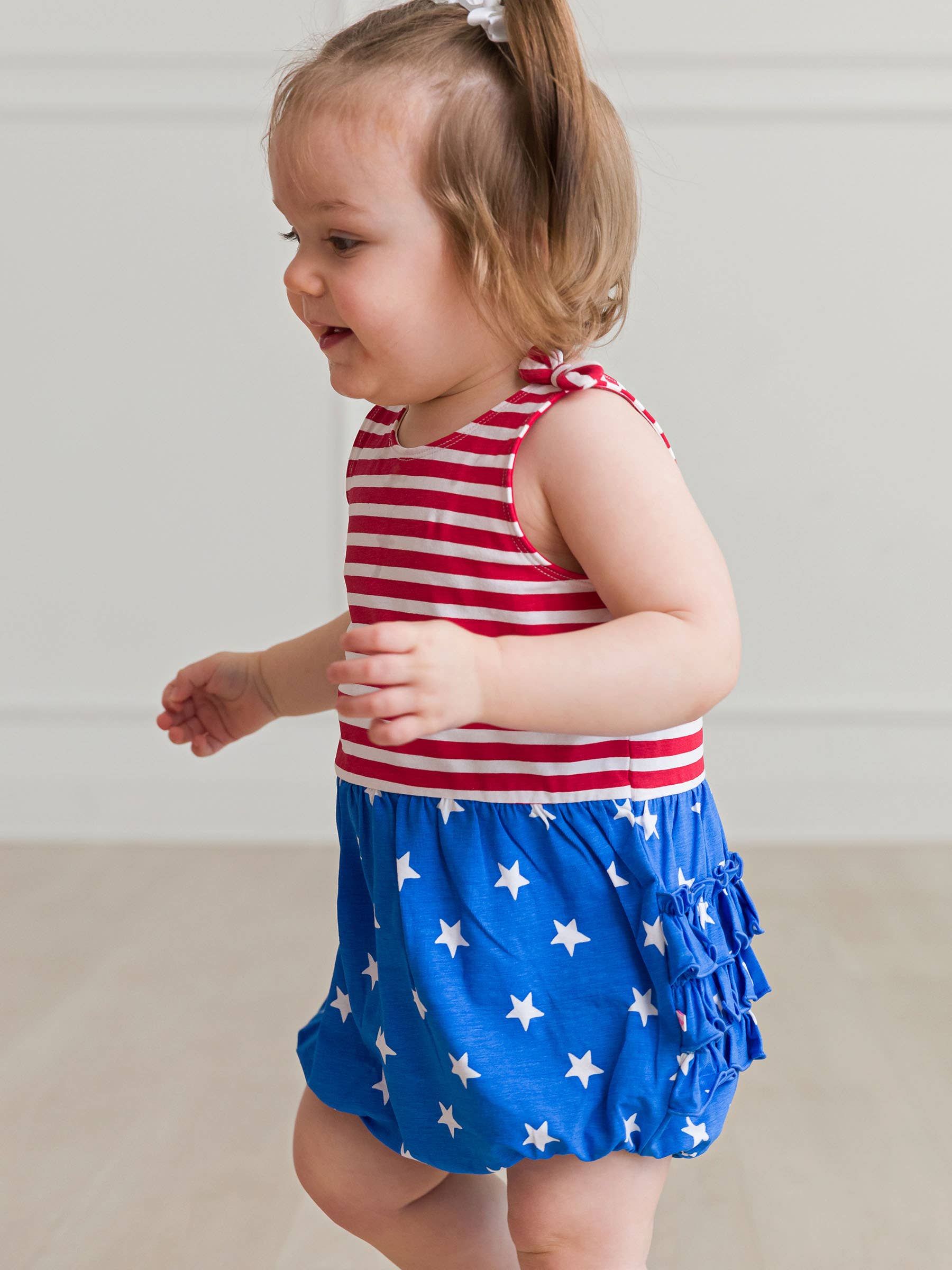 RuffleButts + RuggedButts - Wholesale Romper - Kids - Baby Girls Stars & Stripes Knit Tie Shoulder Bubble Romper3