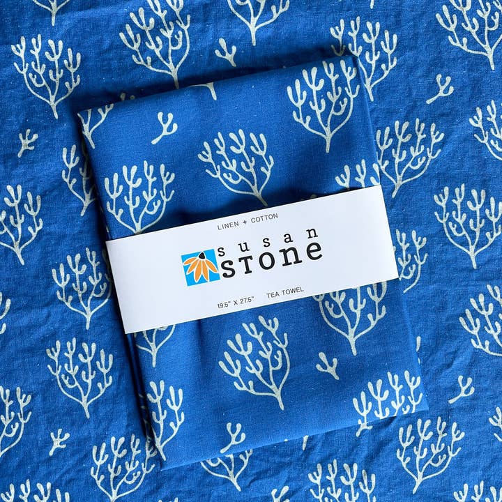 Linen + Cotton Tea Towel with Blue Coral for wholesale by Susan Stone Design