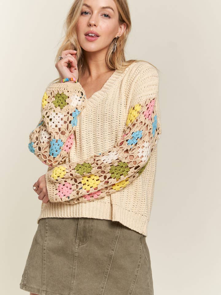 ADORA LA - Wholesale Knit Top - Women's - CESW3575 - MULTICOLOR SLEEVE KNIT TOP