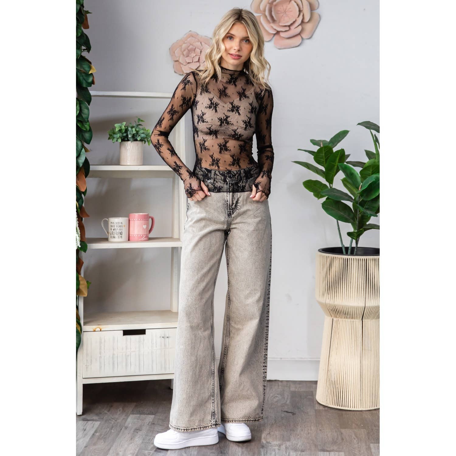 Veveret – Blusa - Mulher por atacado – Top Transparente de Renda com Manga Comprida43