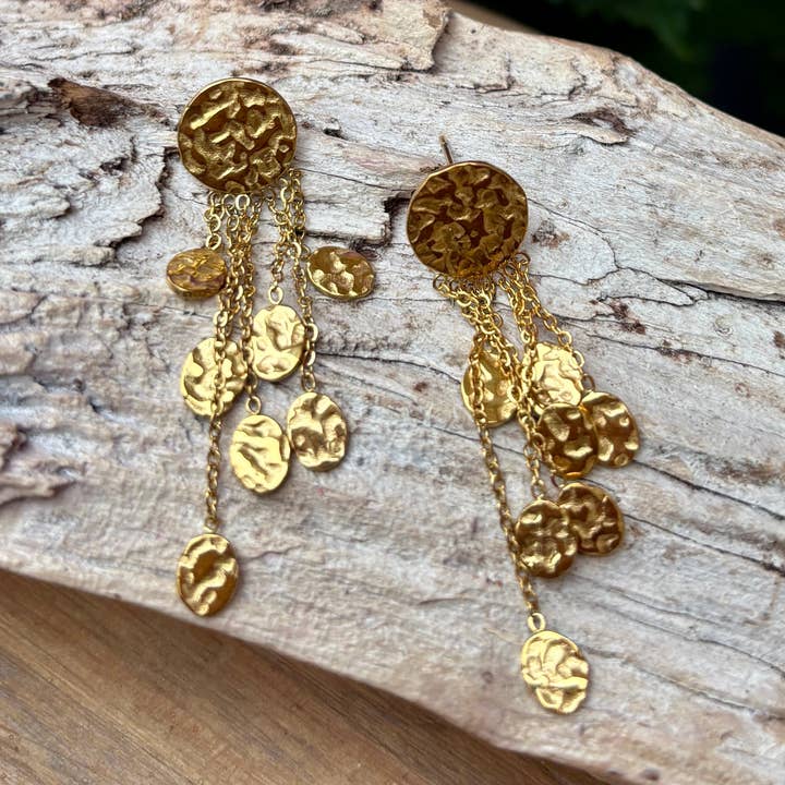 18ct Gold Plated Hammered Discs Dangle Earrings for wholesale by Ocean Ripples