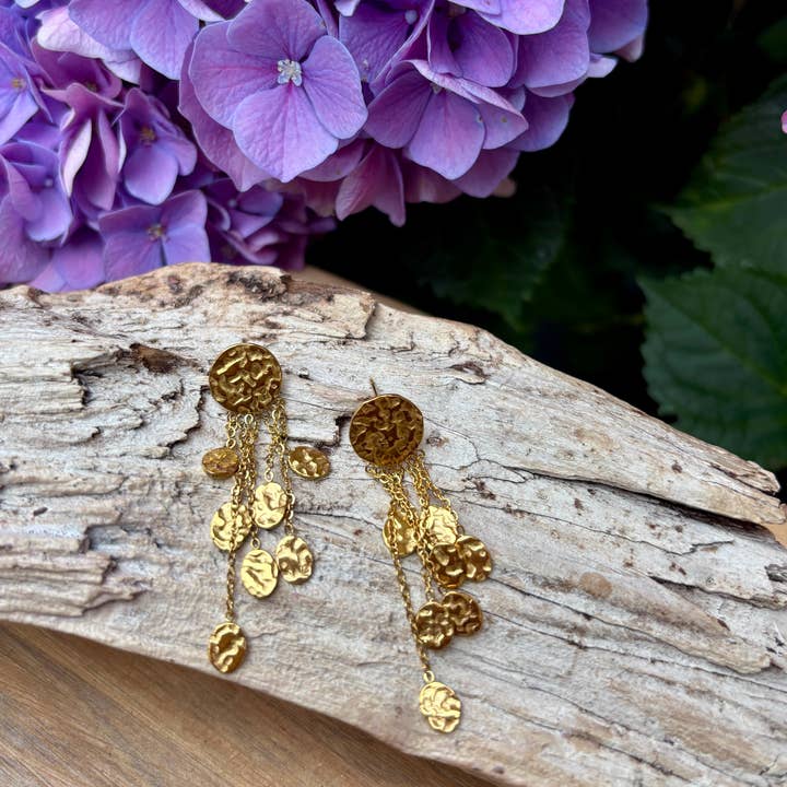 18ct Gold Plated Hammered Discs Dangle Earrings for wholesale by Ocean Ripples