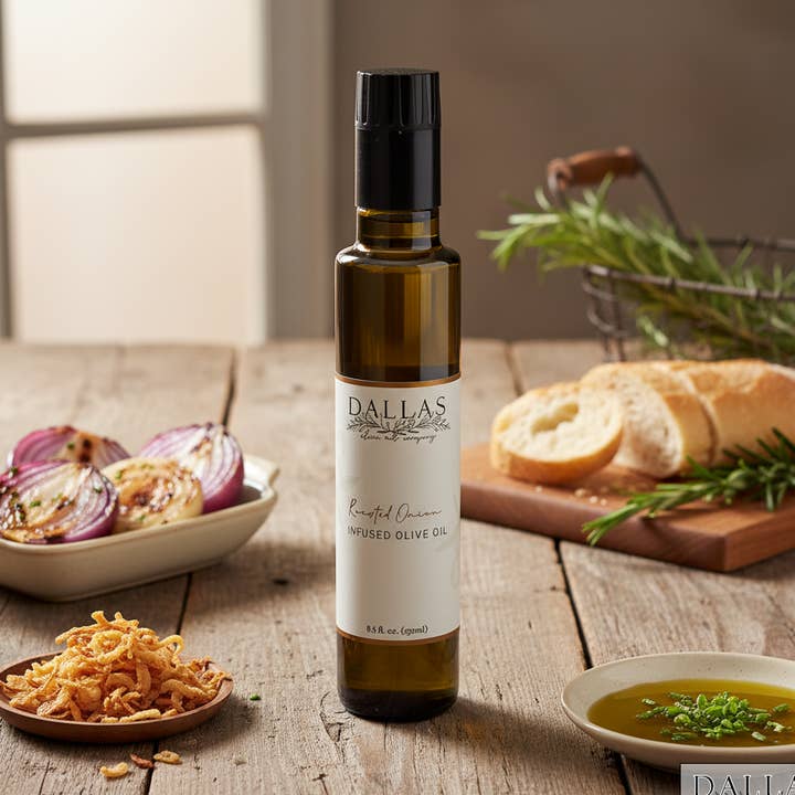 Ristet løg-infuseret olivenolie for engroshandel hos Dallas olive oil company