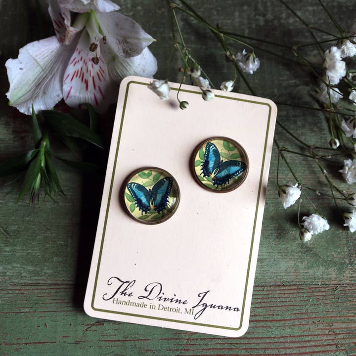 Orecchini a forma di farfalla blu Swallowtail per la vendita all'ingrosso da parte di The Divine Iguana