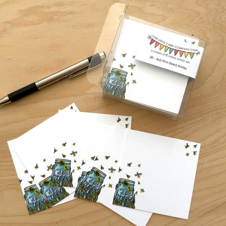 Sarah Angst Art - Wholesale Stationery/Notecard Set - Cute Little 3x3 Pint Size Notes: Summer Fireflies3