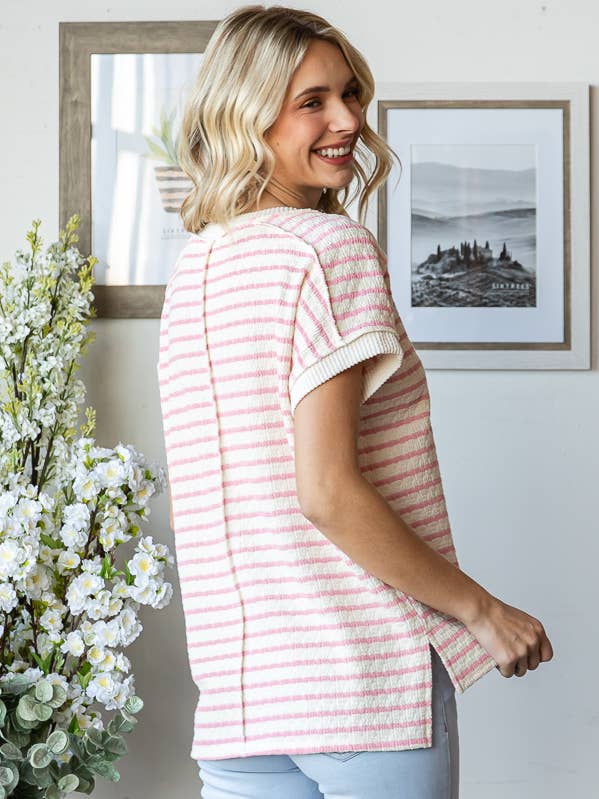 7th Ray - Wholesale Knit Top - Women's - Stripe Textured Side Slit Short Sleeve Top T5865
