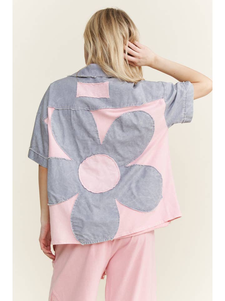 J.Her - Vendita all'ingrosso Giacca a camicia - Donna - Shacket con toppa sul retro a fiori lavato minerale HT64666