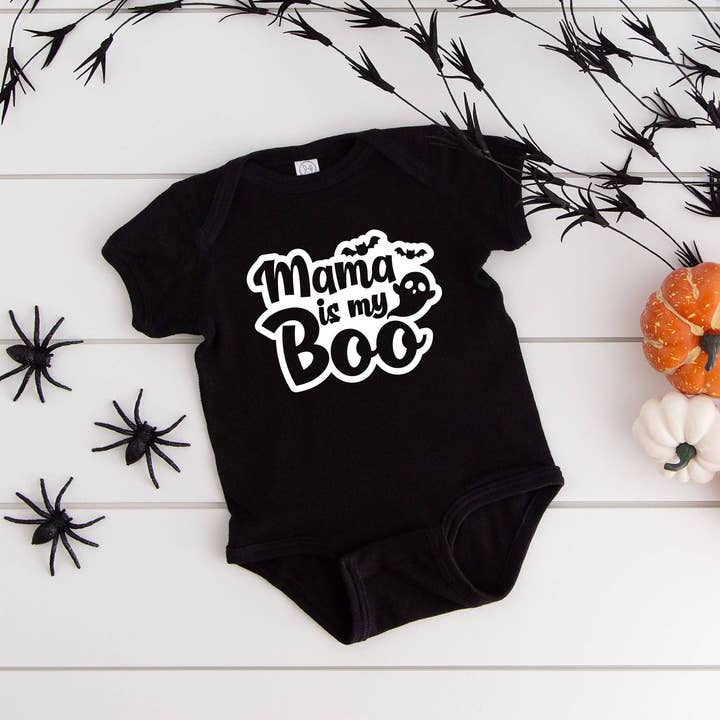 Mama Is My Boo Ghost | Baby Graphic Short Sleeve Onesie for wholesale by Olive And Ivory Wholesale