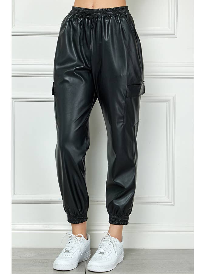 Veracci - Wholesale Pants - Women's - High Waisted Faux Leather Cargo Jogger Pants