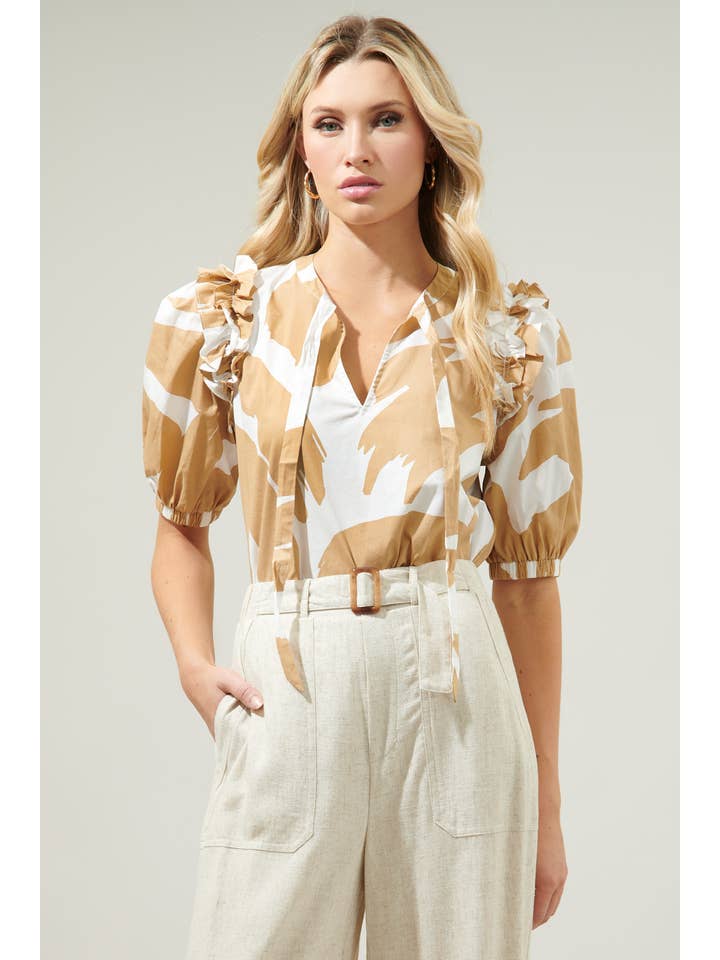 Camel Multi Hazel Abstract Noche Tie Neck Blouse for wholesale on Faire