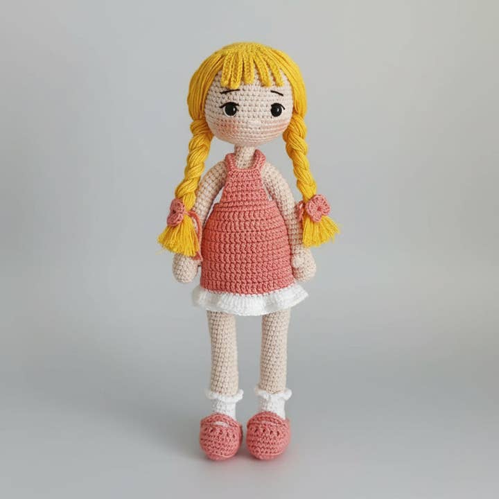 Crochet Cute Blonde Girl in Light Pink Dress Doll for wholesale by Joy Gift London