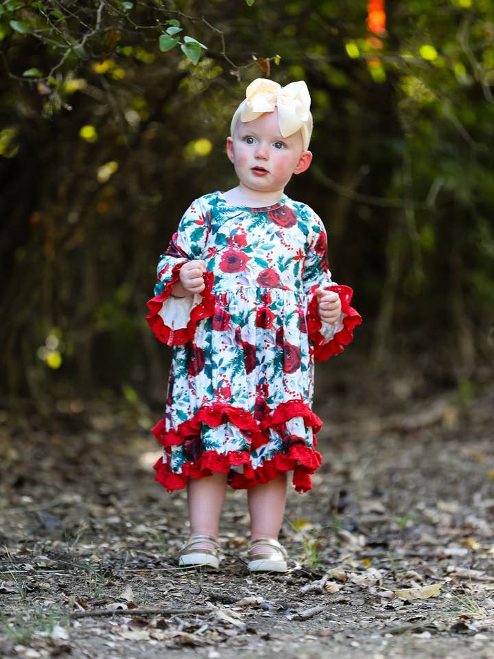 Girls Christmas Floral Print Long Sleeve Dress for wholesale by Rylee Faith Designs