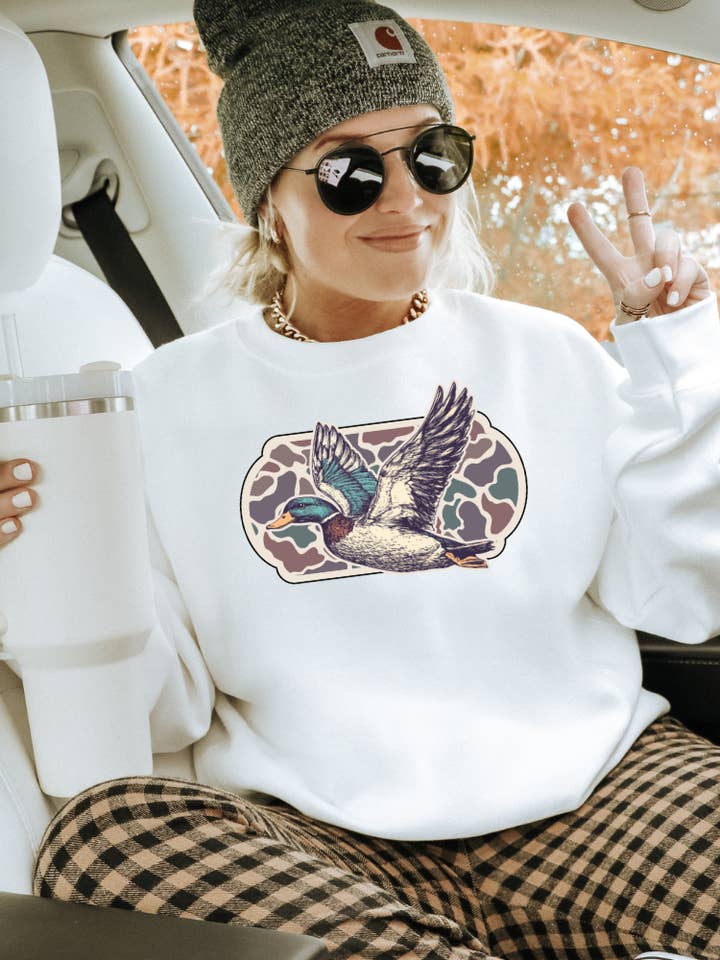 Camo Flying Mallard Duck Adult Graphic Crewneck Pullover for wholesale by Uncommon Label