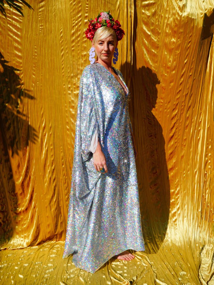 Fumbalinas - Wholesale Kaftan - Women's - SILVER Holographic Sequin V-neck Kaftan Gown13