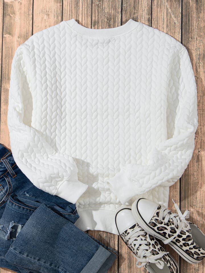 Suhkasana - Wholesale Sweatshirt - Women's - White LUCKY Chenille Embroidered Cable Knit Pullover Sweatshirt19