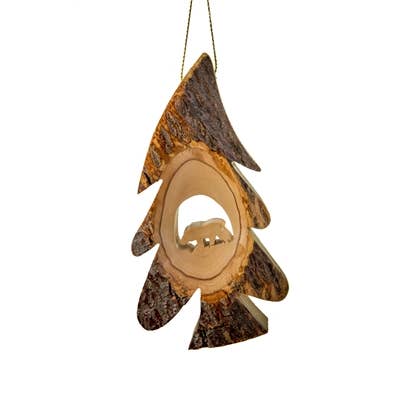 Earthwood - Wholesale Ornament - Bark Tree with Grizzly Bear - 5"