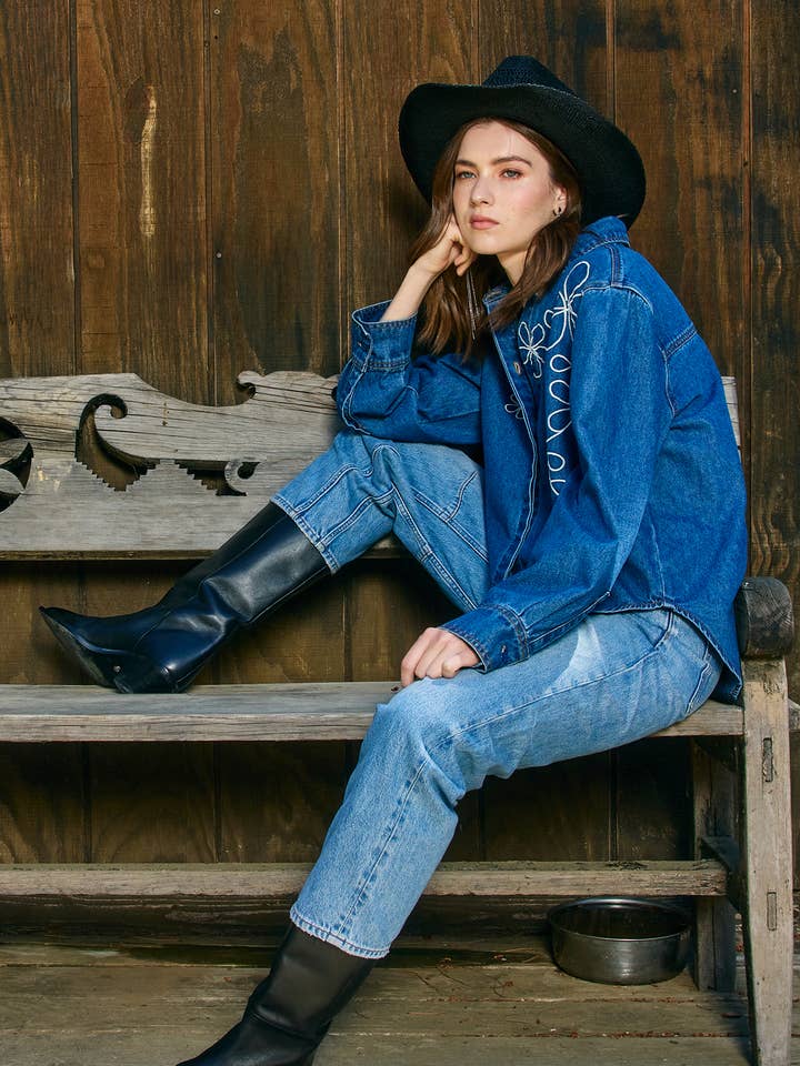 Denim Shacket with Embroidery - RT1127 for wholesale on Faire
