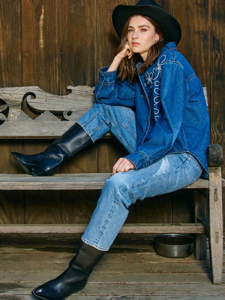 Denim Shacket with Embroidery - RT1127 for wholesale by RAISONNEL