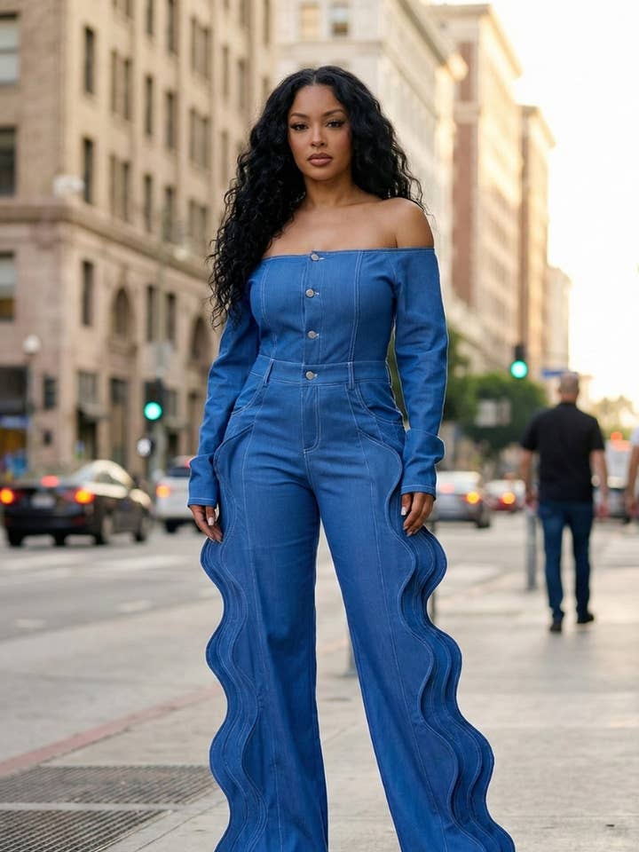 Off-Shoulder Wave Detail Jumpsuit for wholesale by Athina Collection