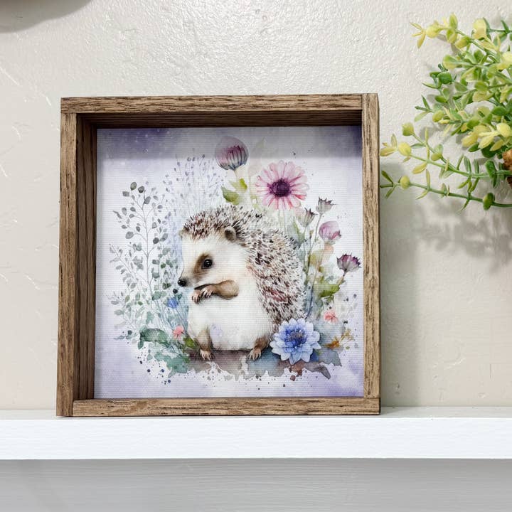 Hedgehog in the Flowers - Framed Purple Woodland Home Decor for wholesale by Hangout Home