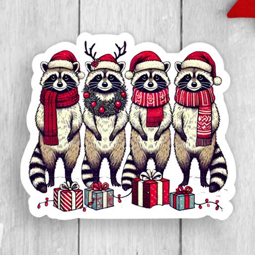 Holiday Racoons Vinyl Sticker for wholesale by Expression Design Co