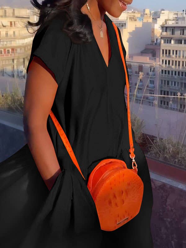 Chicto - Wholesale Dress - Women's - Loose Short Sleeves Pleated Pockets Solid Color Split-Joint V-Neck Maxi Dresses5