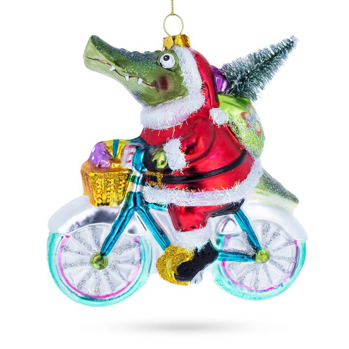 Alligator Riding Bicycle with Gifts Glass Ornament for wholesale by BestPysanky