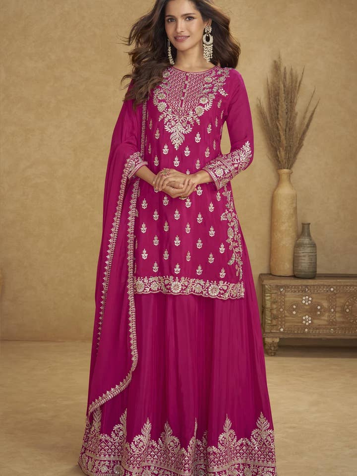 Rosa Chinon-Seide Plazo Anzug für indische & pakistanische Hochzeitsfest - Faden- & Paillettenstickerei-Arbeit für den Großhandel von HATKE BRIDE