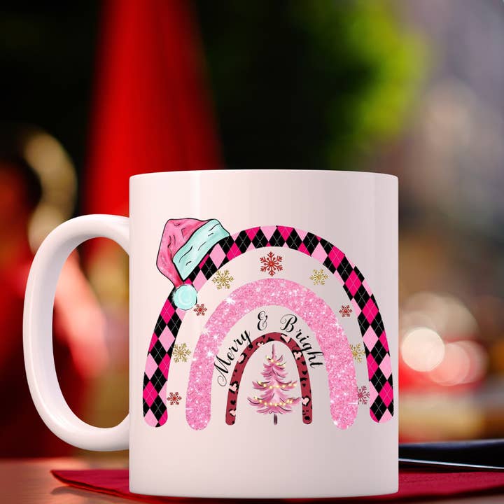 Christmas Mugs Merry And Bright Pink Rainbow Coffee Mug for wholesale by Dazzle Design Diva