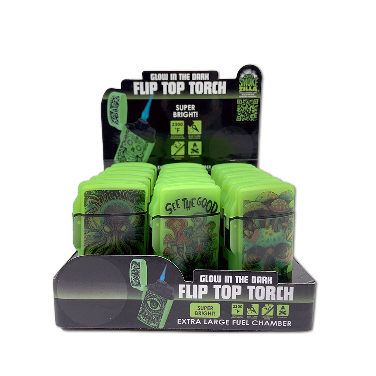 Novelty Brands - Wholesale Lighter - Glow in The Dark Flip Top Lighter Assortment - 15/Display3