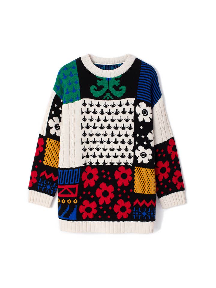 Colorblock Patchwork Patterned Knit Sweater for wholesale on Faire6