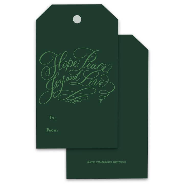 Green Hope, Peace, Joy & Love Holiday Gift Tags, Set of 12 for wholesale by Kate Chambers Designs