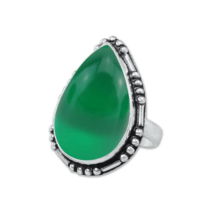 Handmade Jewels - Wholesale Cocktail/Statement Ring - Green Onyx Rings – Handmade, Silver-Plated, Assorted Boho Designs (US Sizes 6–10)11