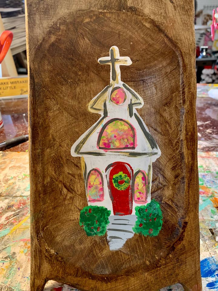 Small dough bowl with church for wholesale by Sunflower Soul Art