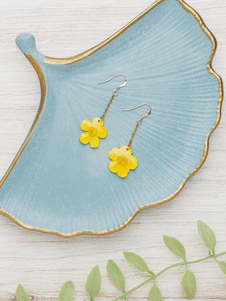 Pressed Buttercup Earrings, Yellow Flower, 14k gold filled for wholesale by Indigo & Lily Co.