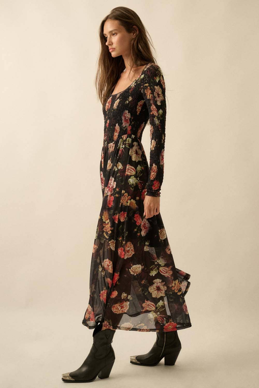 BLACK Floral-Print Mesh Smocked Long-Sleeve Maxi Dress for wholesale on Faire10