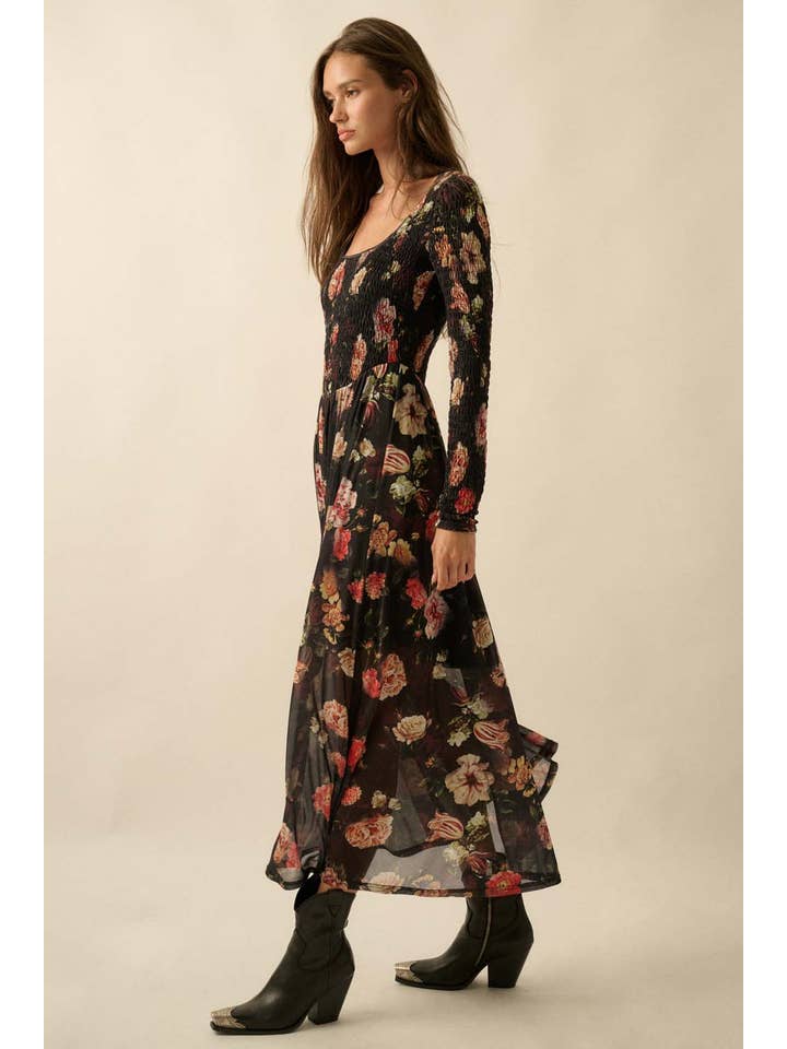 BLACK Floral-Print Mesh Smocked Long-Sleeve Maxi Dress for wholesale on Faire10