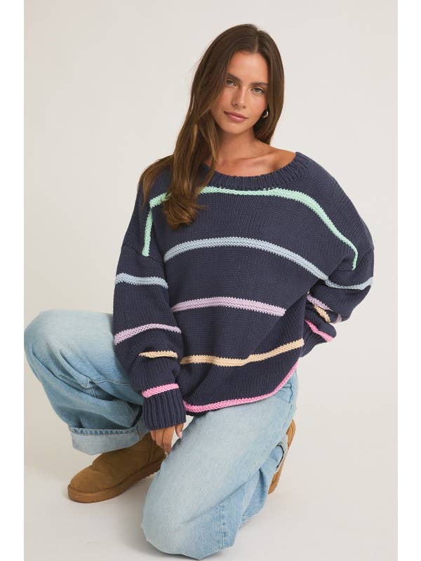 Navy Multi Stripe Long Sleeve Round Neck 3d Striped Sweater for wholesale on Faire