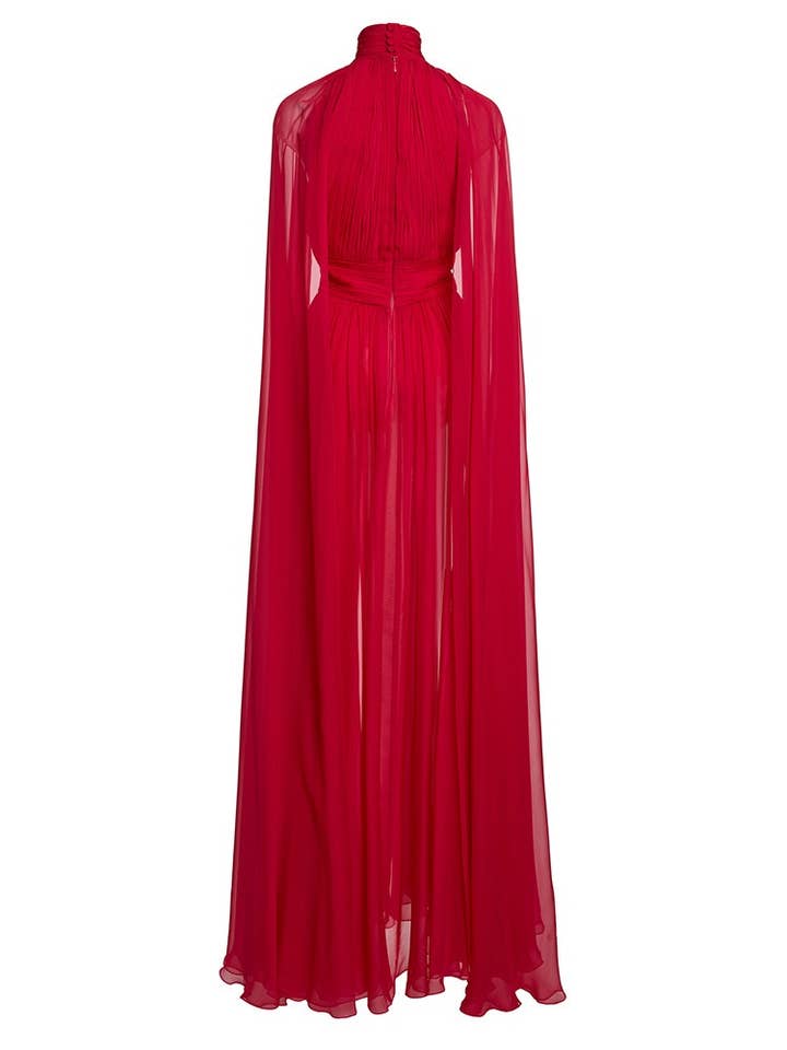Red DR664Y Flowing Pleated Chiffon Maxi Dress with Cape Detail for wholesale on Faire