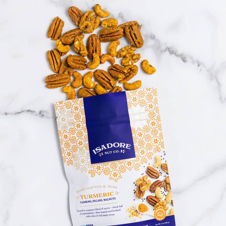 Isadore Nut Company - Wholesale Nuts - Turmeric: Roasted Cashews, Pecans, Walnuts- 5 oz- Non-GMO0