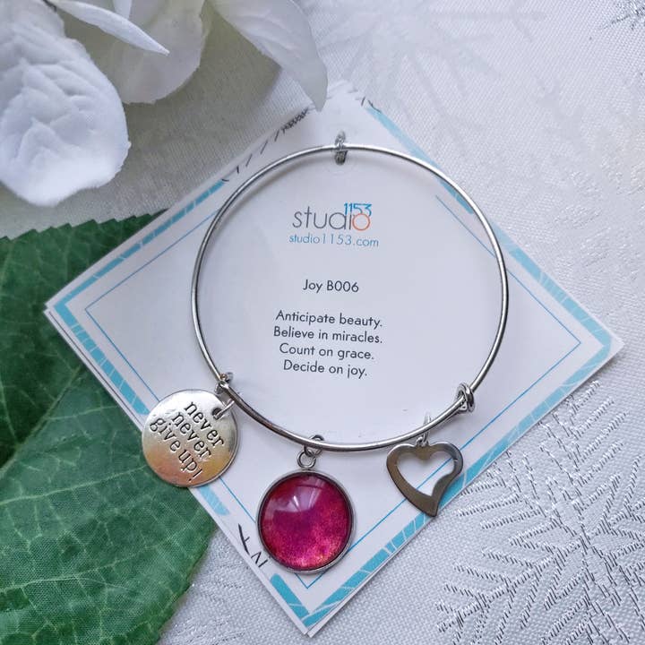 Bangle Charm Bracelet, Joy, Handmade Artisan Glass Cabochon for wholesale by Studio 1153