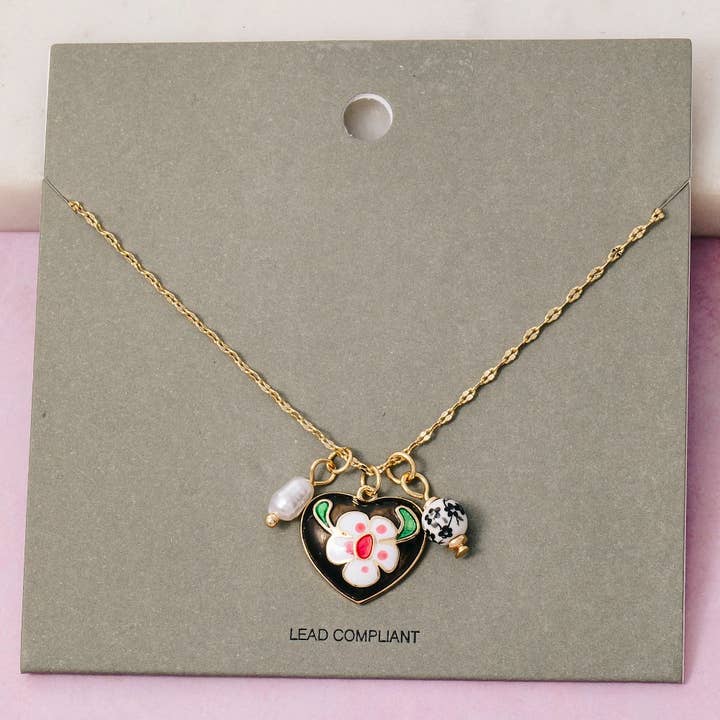 Fame Accessories - Wholesale Link & Chain Necklace - Enamel Heart And Ceramic Floral Charms Chain Necklace5