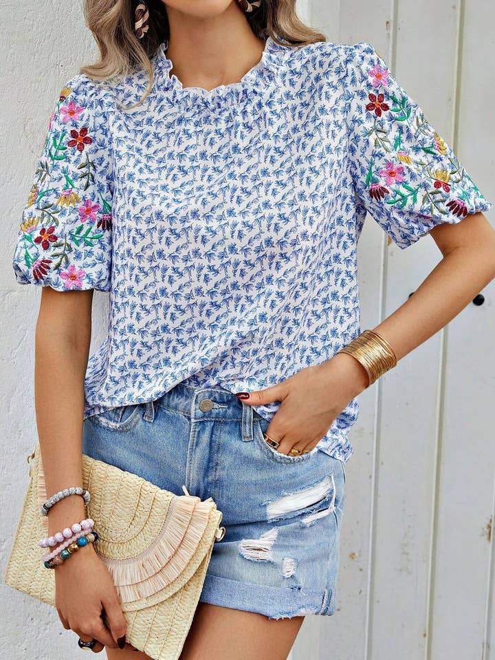 Lily Clothing - Wholesale Blouse - Women's - EMBROIDERED PRINTED TURTLENECK BLOUSE