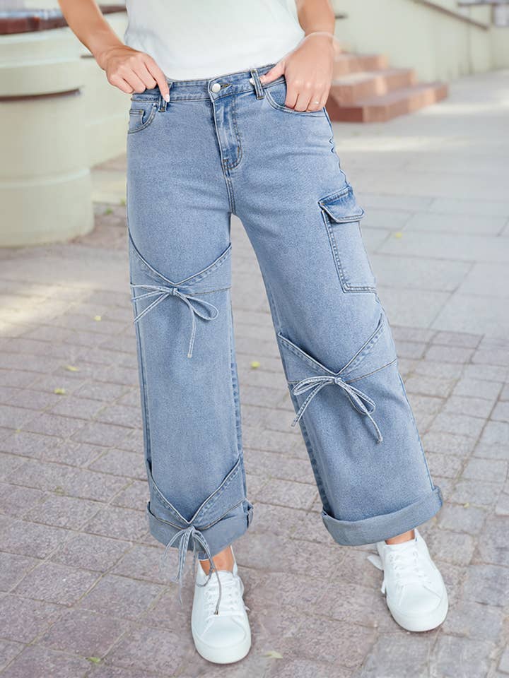 Beau Blue Bowknot Decor Boyfriend Cargo Jeans for wholesale on Faire